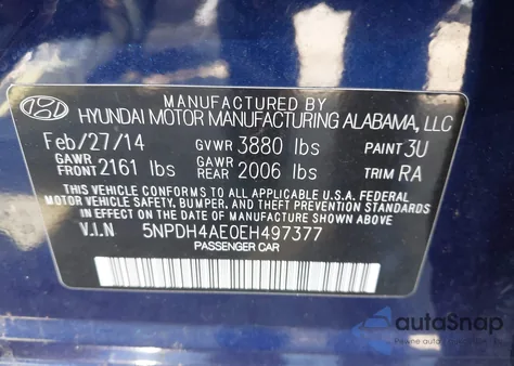 2014 Hyundai Elantra Se from USA, damaged, VIN 5NPDH4AE0EH497377